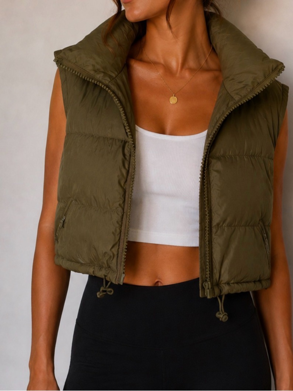 Source Unknown Olive Green Puffer Crop Vest